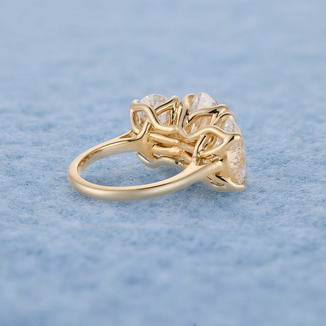 Three-stone oval diamond ring, side detail lifestyle shot